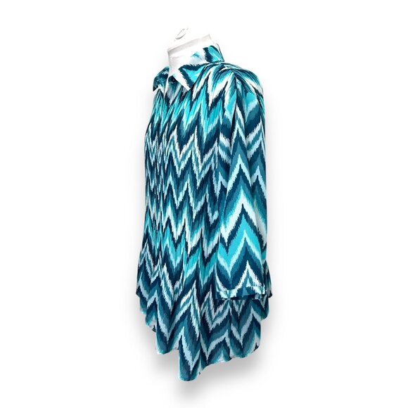 Only Necessities Womens L gauzy Pleated Oversized Blue Zigzag Pattern Shirt - Picture 2 of 9